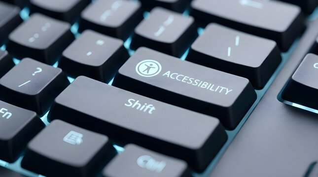 Close-up shot of a backlit keyboard's accessibility key highlighted with a glowing icon