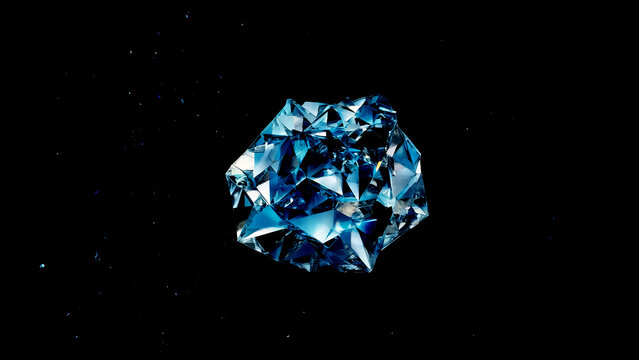 Abstract technology concept featuring a blue ice crystal shattering into glowing sharp fragments on a black background.