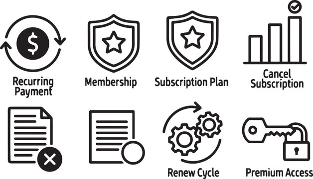 Subscription and Recurring Payment Icon Set Vector, Membership Badge, Subscription Plan Shield, Cancel Subscription Chart, Renew Cycle Gears, and Premium Access Key Lock for UI UX App Design
