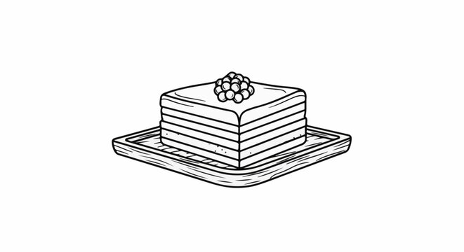 A square cake with multiple layers topped with berries on a platter