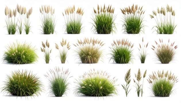 Pampas grass arrangements, some with feathery plumes, others low bushy clumps, white background