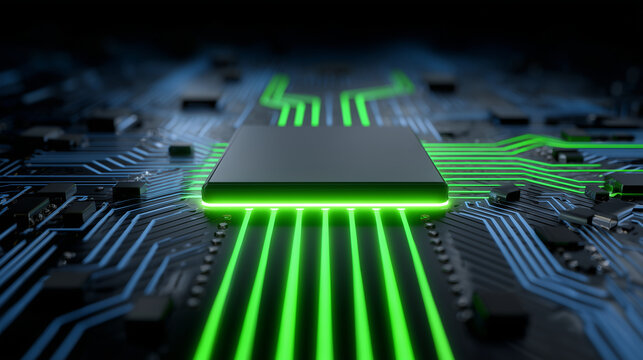 3D style. An abstract technical background featuring the design of a motherboard or circuit board with various microprocessors. The main colors are shades of dark blue and green, w