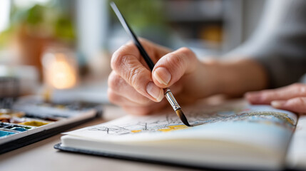Fototapeta premium Close-up of a hand drawing in a travel journal with a watercolor brush, sharp focus on the brush tip and paper texture, bright creative desk setup