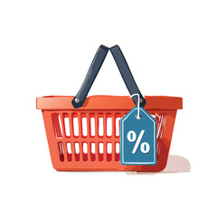 Fototapeta premium Red shopping basket with blue tag isolated on white background