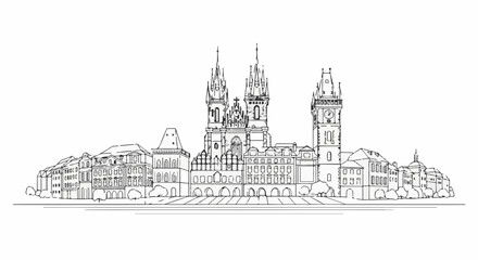 Fototapeta premium A stark line drawing depicts a European city skyline with detailed gothic and baroque architecture