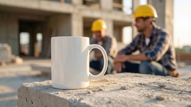 White ceramic mug on concrete block with blurred construction workers in background, symbolizing coffee break, labor rest, building site morning, teamwork and industry productivity