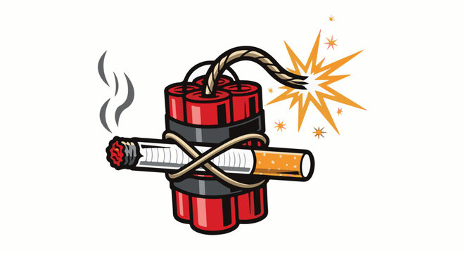 A lit cigarette is tied to a bundle of dynamite with a lit fuse