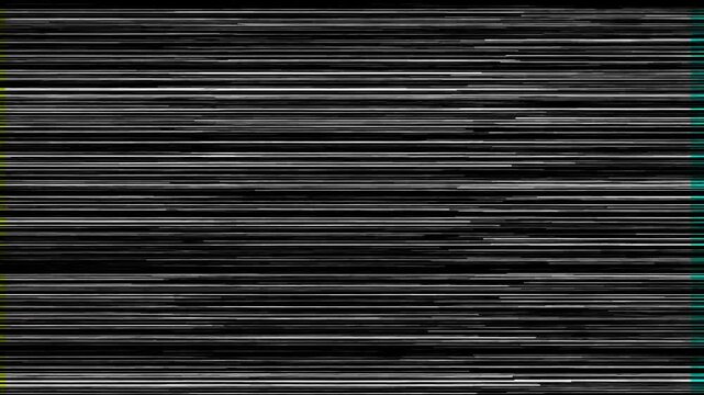 Abstract digital glitch effect with white horizontal lines on a black background for a retro technology or corrupted signal aesthetic.