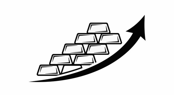 A pyramid of gold bars with an upward trending arrow