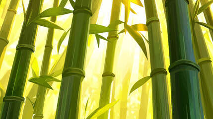 Obraz premium Animated illustration of vibrant green bamboo stalks with lush leaves, bathed in bright, warm sunlight