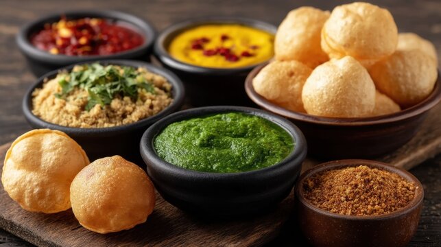 An Appealing Array of Indian Street Food Featuring Puffed Puris and Delicious Accompaniments on a Rustic Wooden Table