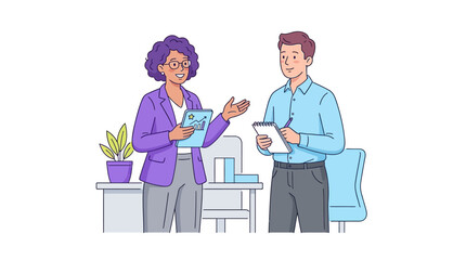 Fototapeta premium Business professionals discussing project data in a modern office environment illustration