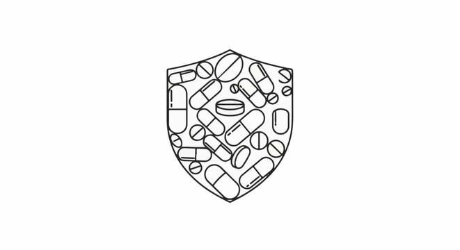 A shield filled with various pills and capsules in outline form