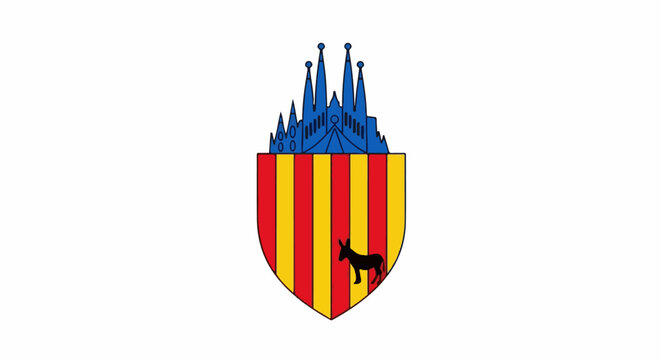 A shield with Catalan stripes, a silhouette of a donkey, and a blue silhouette of a cathedral