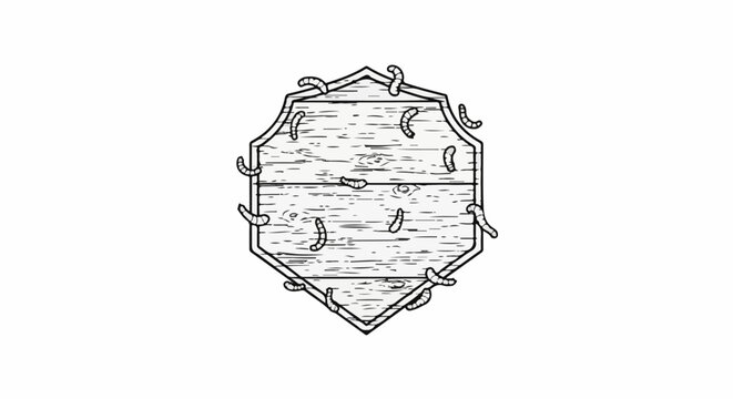 A shield-shaped wooden surface covered in crawling larvae or worms