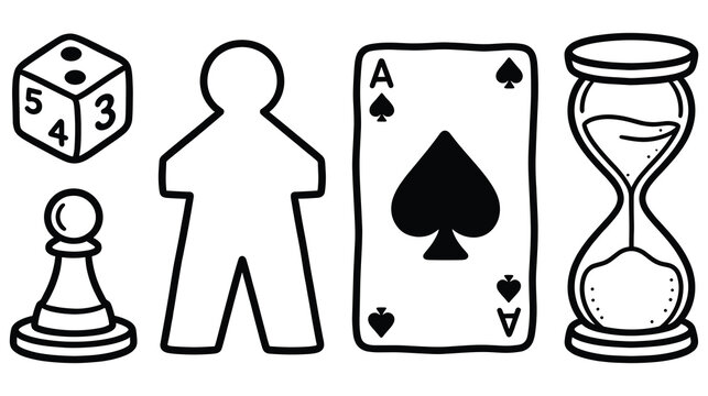 Board game elements collection with dice playing card hourglass pawn and player figurine.