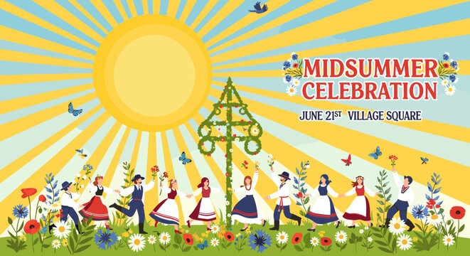 A vibrant illustration of a Midsummer Celebration with people dancing around a maypole, surrounded by flowers, butterflies, and a radiant sun.