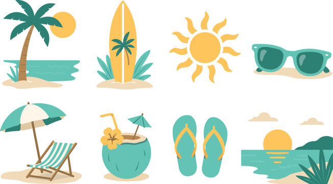 Summer vacation vector icons set &ndash; beach elements collection for travel and sunny holidays