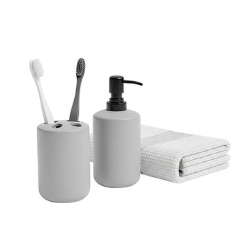 Minimalist grey bathroom accessories set with soap dispenser and toothbrush holder.