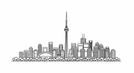 Obraz premium A line drawing of a city skyline with a tall central tower and many buildings