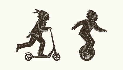 Indigenous man riding modern electric scooter and unicycle in anachronistic vector style © 777SKYLABS