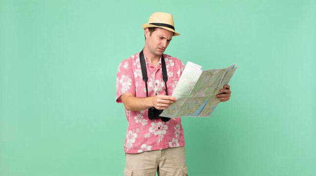 Confused and lost male tourist looking at a paper map on green background.