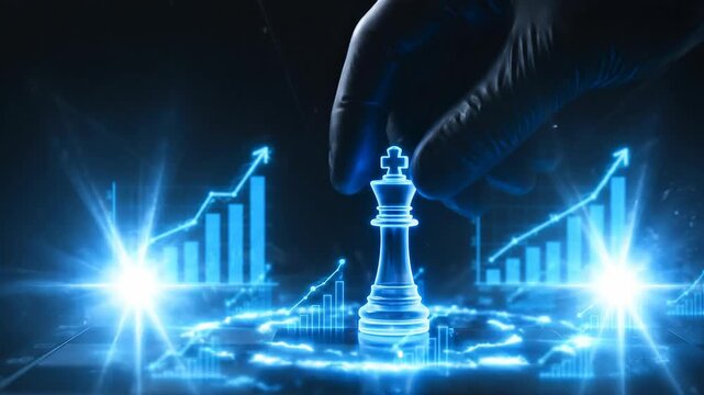 AI SEO assistant data, Chess strategy digital glow king business growth rising finance chart blue technology hand graph success planning analytics futuristic hologram data