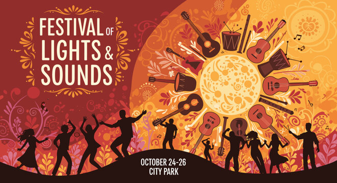 Festival of Lights and Sounds featuring silhouettes of people dancing and musical instruments arranged in a sun-like pattern, with event details October 24-26 City Park.
