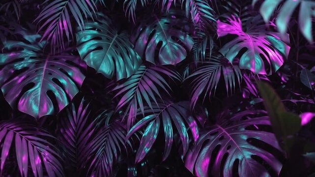 Moving tropical monstera leaves with neon pink and cyan highlights, symbolizing futuristic nature, digital garden, nightlife aesthetic, exotic plants and creative motion background