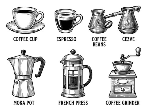 Vintage Coffee Engraving Set: Hand Drawn Vector Icons, Beans, Moka Pot, Grinder, French Press