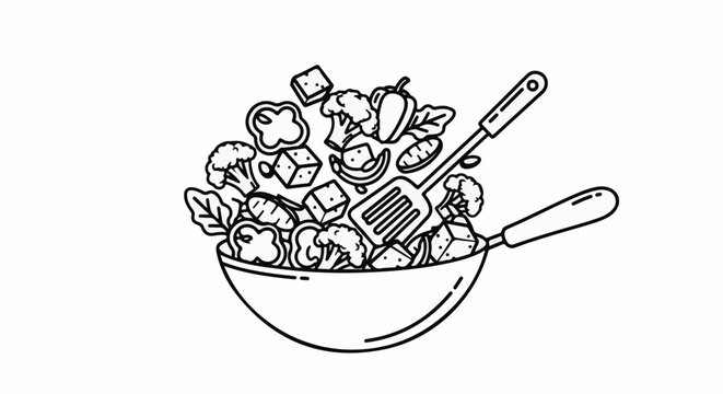 A line drawing of a wok filled with various chopped vegetables and cubes