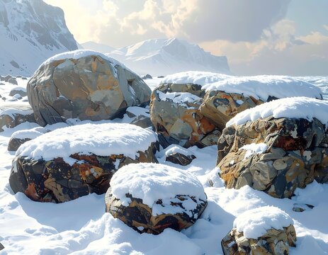 Snowy rocks by water