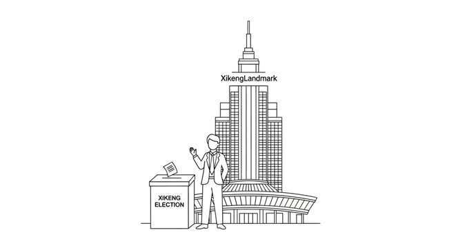 Man casting vote in election, standing near ballot box and building.