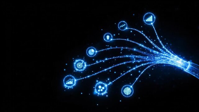 AI SEO assistant data, Digital data network fiber optic cable technology blue light internet speed connection big data analytics innovation information flow slow glowing