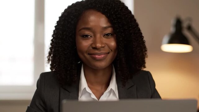 black woman talking to laptop camera, female executive video call, corporate webinar presentation, remote worker speaking, businesswoman on web conference, laptop interview