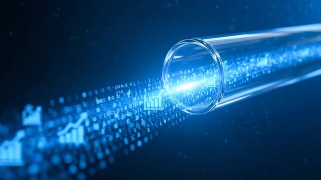 AI SEO assistant data, Data stream science laboratory glass digital analytics technology concept blue binary code futuristic research narrative data pipeline technology