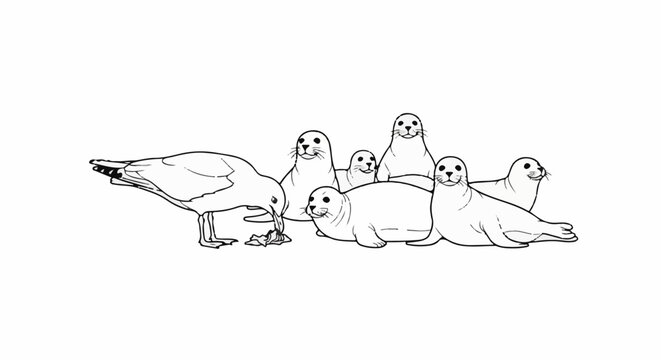 A seagull scavenges food while a group of seals looks on from the shore