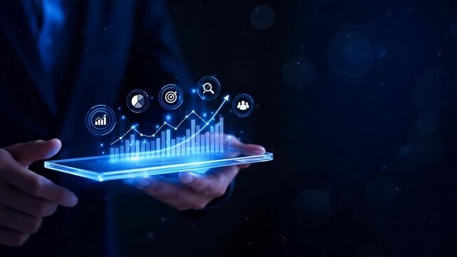 AI SEO assistant data, Futuristic business growth analytics and digital marketing strategy with data dashboard and tablet charts for financial insight and visualization
