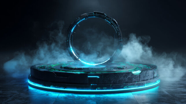3D Rendering of sci fi mech circle shape pedestal with glowing led futuristic rings and grunge dark fog and cloud background. For hi tech product display, big data, computer hardware, ai, crypto