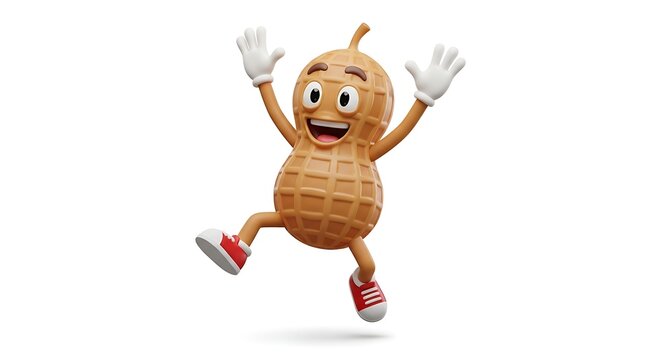 A cheerful cartoon peanut character jumping in the air with hands raised
