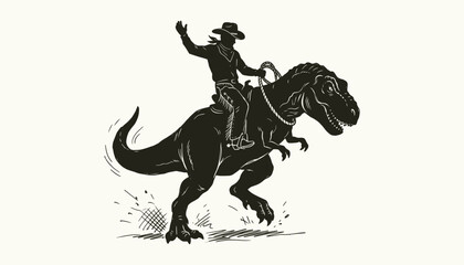 Cowboy riding a Tyrannosaurus Rex in vintage linocut style for creative adventure concepts © 777SKYLABS