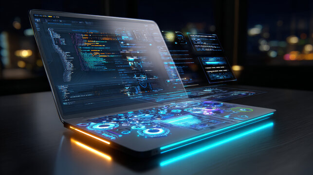 3D Rendering of laptop computer with glowing software source code led panel. Concept for programming, application development, business technology, training course 