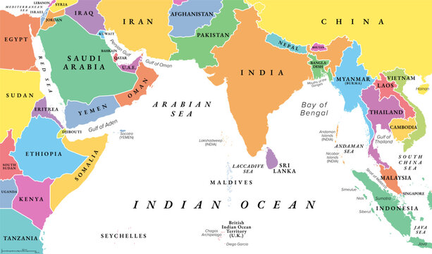 North Indian Ocean, multi colored political map with countries and international borders. Tropical marine region, comprising the Arabian Sea to the west of India and Bay of Bengal to the east. Vector