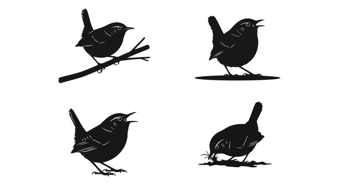 Set of wren bird silhouettes in different poses perched on branch, singing, and foraging