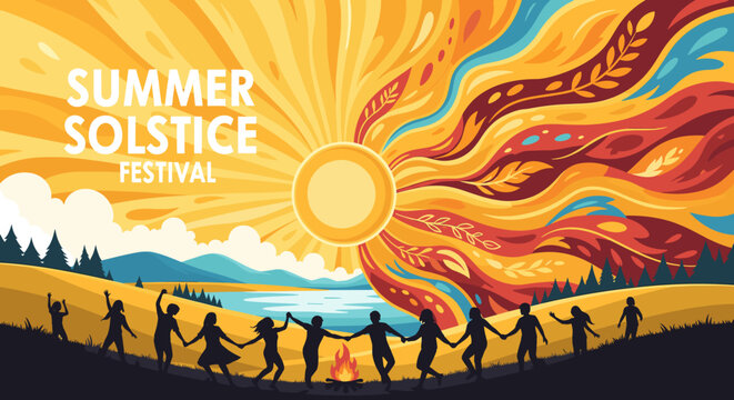 Vibrant Summer Solstice Festival illustration featuring a sunburst, dancing figures holding hands around a bonfire, and colorful abstract patterns representing nature's energy.