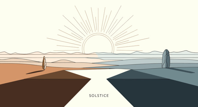 A minimalist illustration depicts the summer and winter solstices with a sun rising over a serene landscape, symbolizing the changing seasons and celestial events.