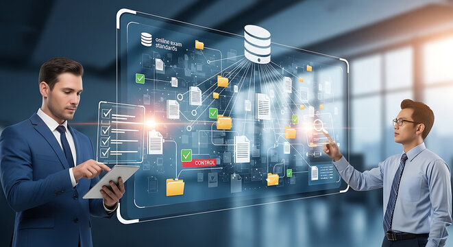 Businessman reviewing digital checklist on tablet for efficient document management system DMS, organizing corporate data storage and online electronic information access workflow.