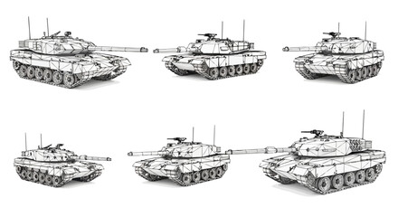 Set of 3d wireframe main battle tank models from different angles © Stock_Crafters
