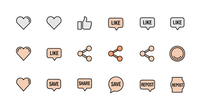 Set of social media interaction icons, including like, share, save and repost buttons in flat design style