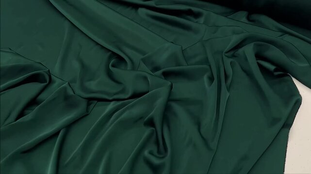 Elegant emerald green silk fabric displays a lustrous satin finish and fluid drape. The material features a smooth surface and rich color depth suitable for high end fashion and upholstery.